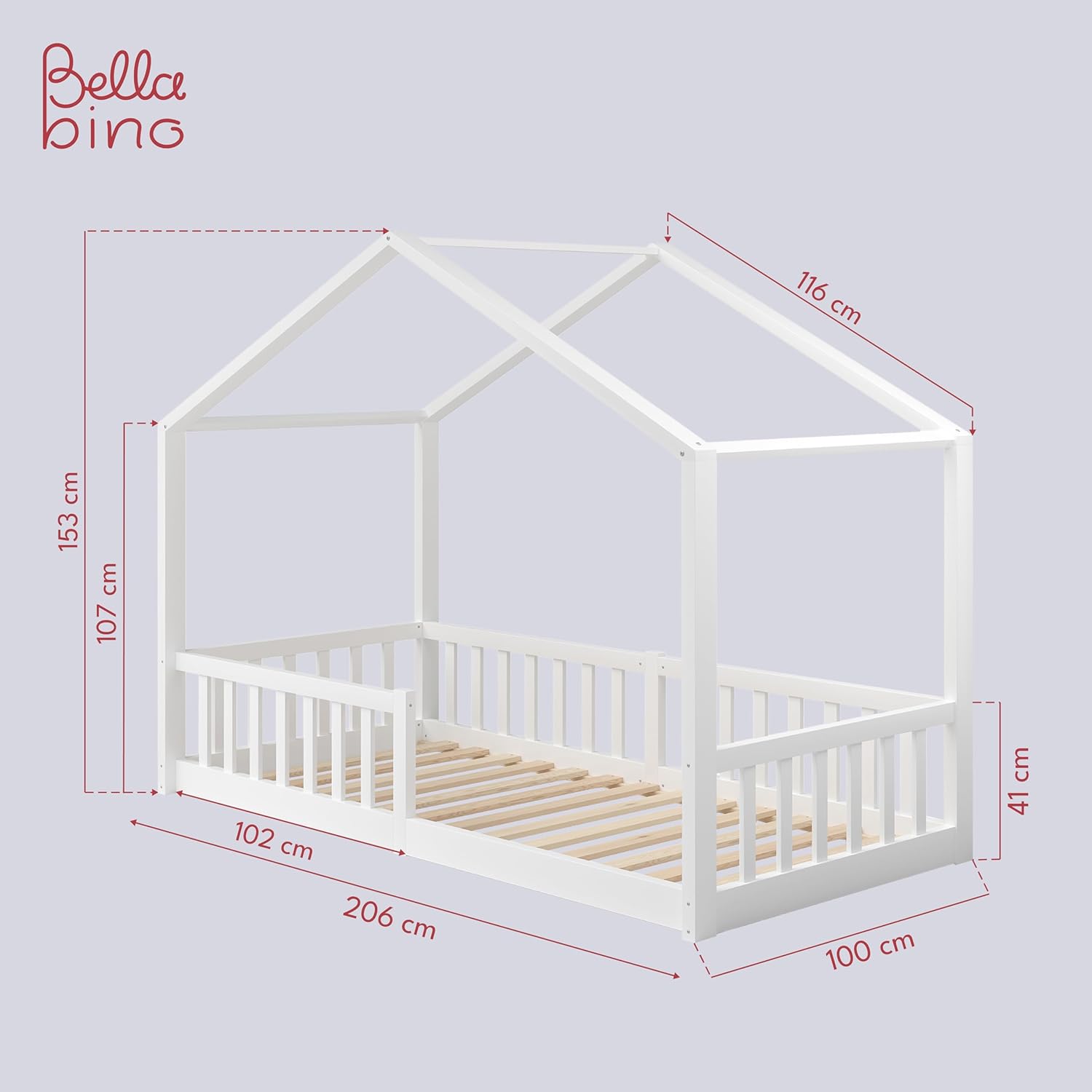Bellabino Lettino per bambini Bia 140x200 cm, letto a capanna per bambini con protezione anticaduta e rete a doghe arrotolabile, letto a terra Montessori bianco in legno massello di pino