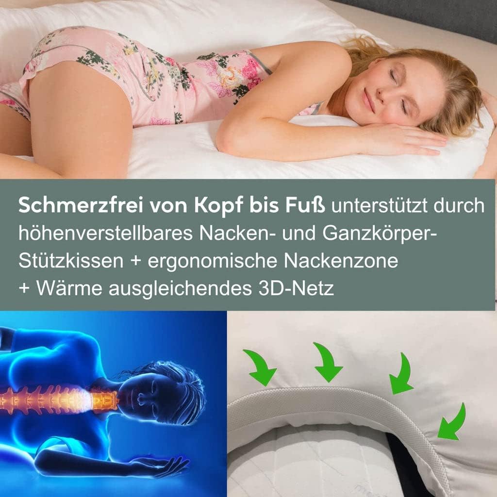 Traumreiter Visco XXL Seitenschläferkissen mit Bezug Baumwolle Graphit Grau, Hybrid Kissen + 1cm Memory Foam, U förmiges Schwangerschaftskissen Gel Body Pillow Komfortkissen Ergonomie Zertifiziert