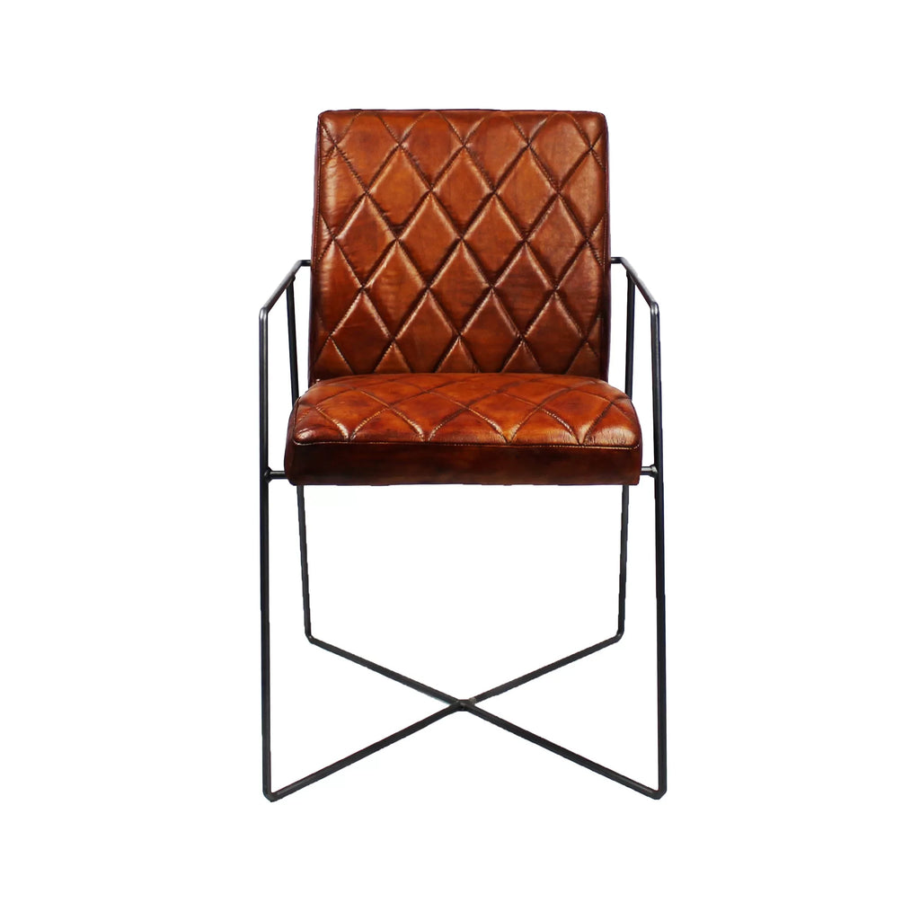 Sedia da pranzo Raoul in pelle di bufalo color cognac - base a croce con braccioli