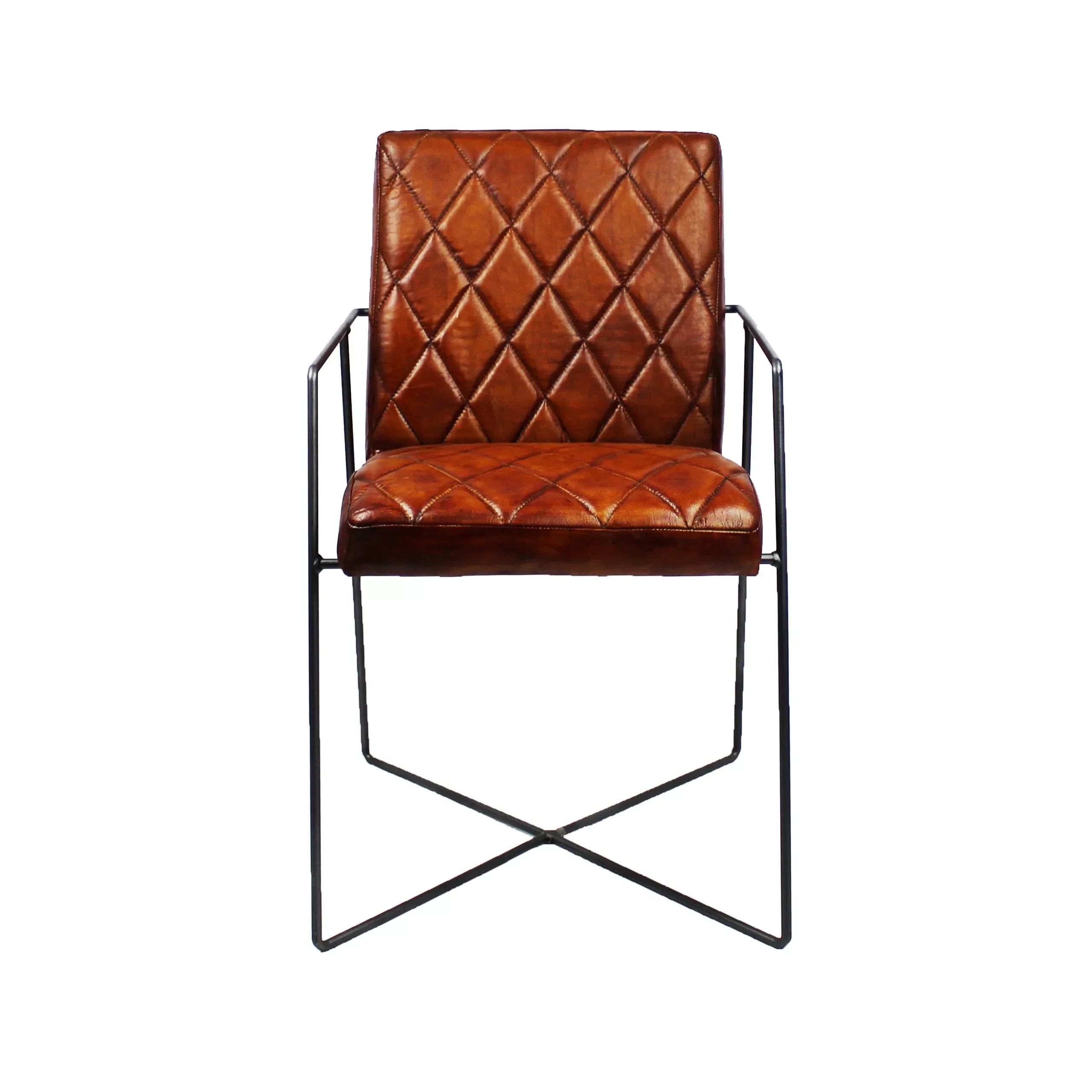 Sedia da pranzo Raoul in pelle di bufalo color cognac - base a croce con braccioli