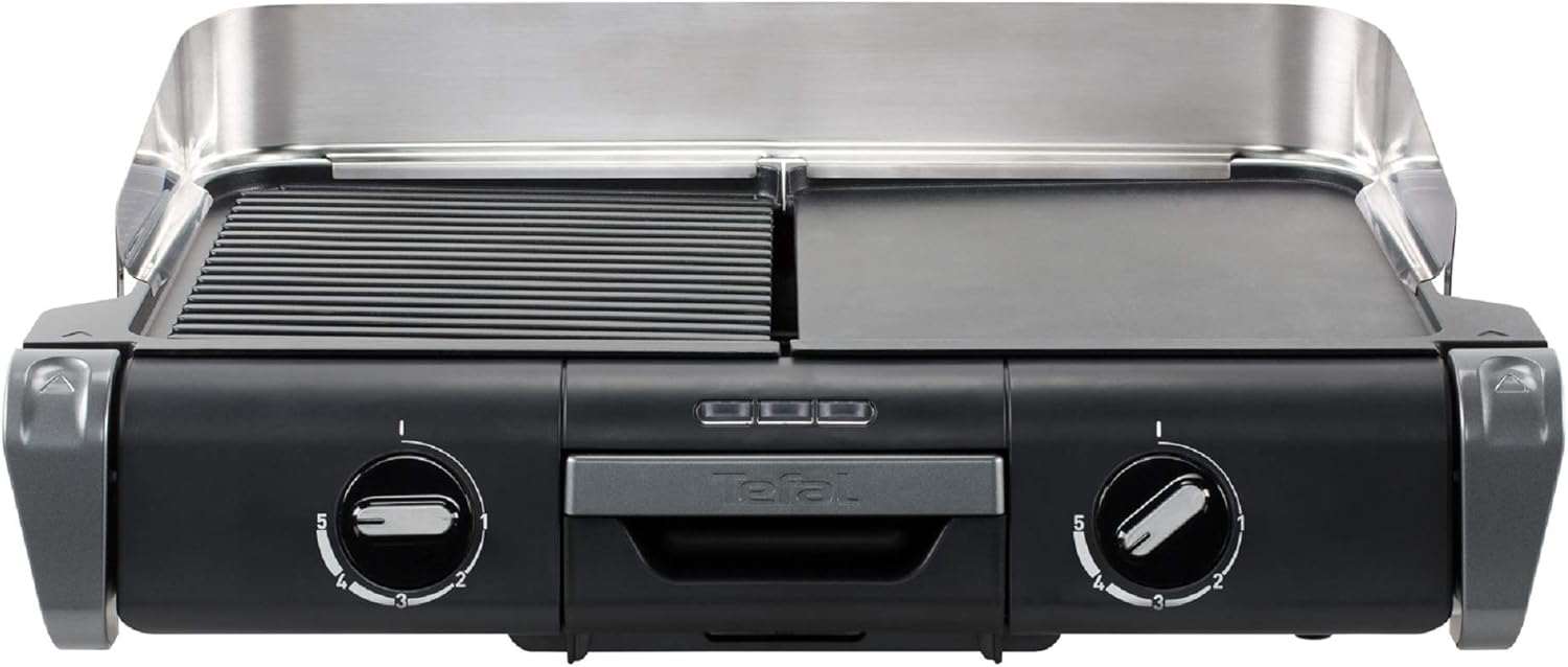 Tefal Maxi Plancha Elektro-Tischgrill CB690D, Extra groß, Antihaft Teppanyaki Platte, Leichte Reinigung, Innen und außen nutzbar, Inkl. abnehmbarem Windschutz + Spatel, 2300W, Schwarz/Silber