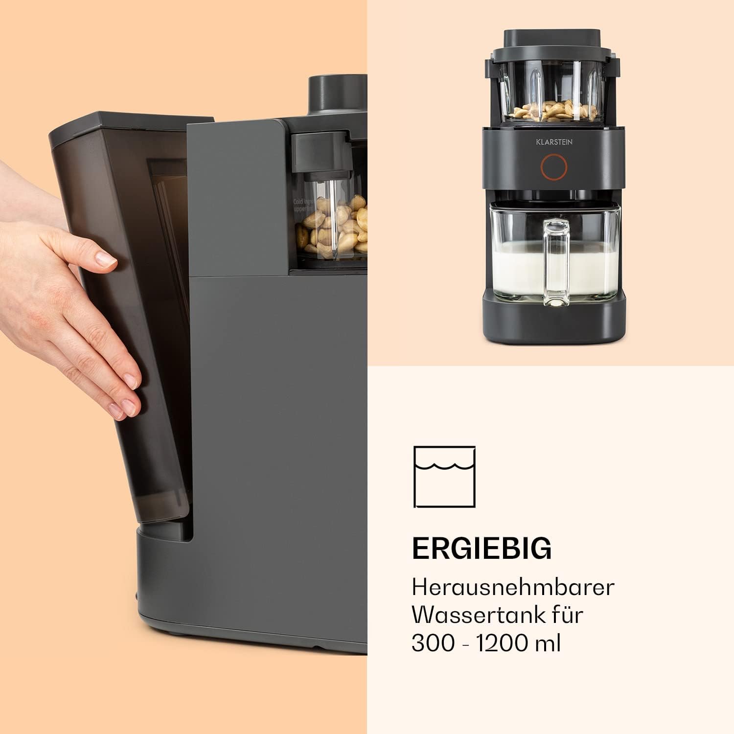Klarstein Mixer, frullatore con motore da 300 W e potenza di riscaldamento da 1250 W, frullatore ad alta potenza per la preparazione di latte vegetale, frullatore per smoothie con tecnologia di riscaldamento a 360°, 30.000 giri/min, touch screen, nero