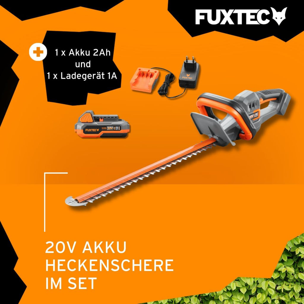 FUXTEC Heckenschere 20V inkl. Akku FX-E1HS20 Elektrischer Heckentrimmer mit Li-Ionen Batterie und Ladegerät – Schnittlänge 52 cm
