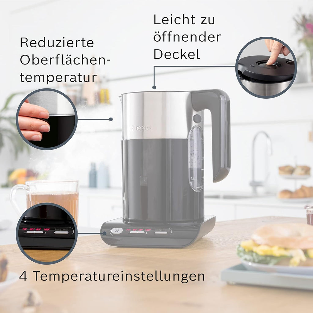 Bosch TAT7203 Tostapane compatto, funzione scongelamento/riscaldamento, 1050 W, acciaio inox/nero e bollitore senza fili, spegnimento automatico, protezione surriscaldamento, selezione temperatura, 1,5 L, 2400 W, nero