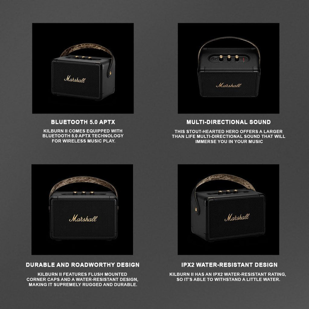 Marshall Kilburn II Altoparlante Portatile Bluetooth Resistente all'Acqua, Senza Fili - Nero e Ottone