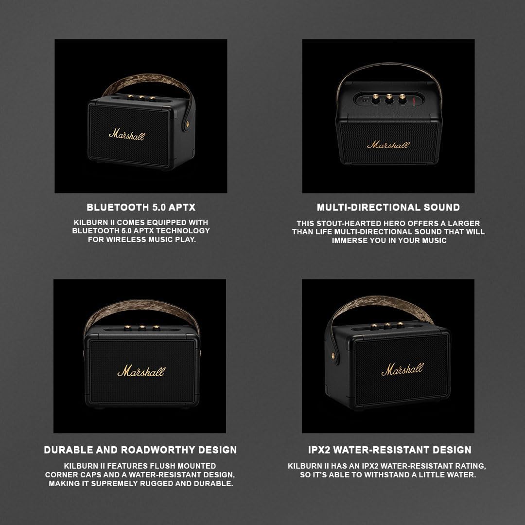 Marshall Kilburn II Altoparlante Portatile Bluetooth Resistente all'Acqua, Senza Fili - Nero e Ottone