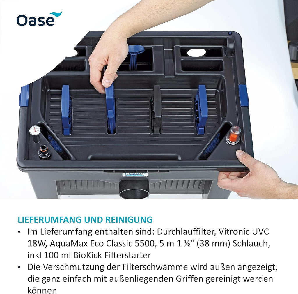 OASE 56789 Filtro a flusso continuo BioSmart Set 36000 adatto per laghetti fino a 36 m³, sistema filtrante, set completo filtro incl. materiale filtrante, pompa per laghetto e chiarificatore UVC