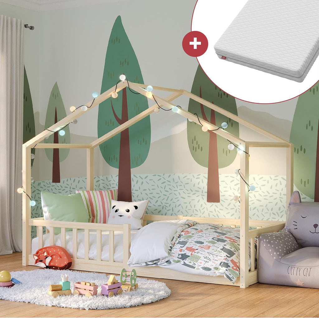 Bellabino Lettino per bambini Bia 140x200 cm, letto a capanna per bambini con protezione anticaduta e rete a doghe arrotolabile, letto a terra Montessori bianco in legno massello di pino