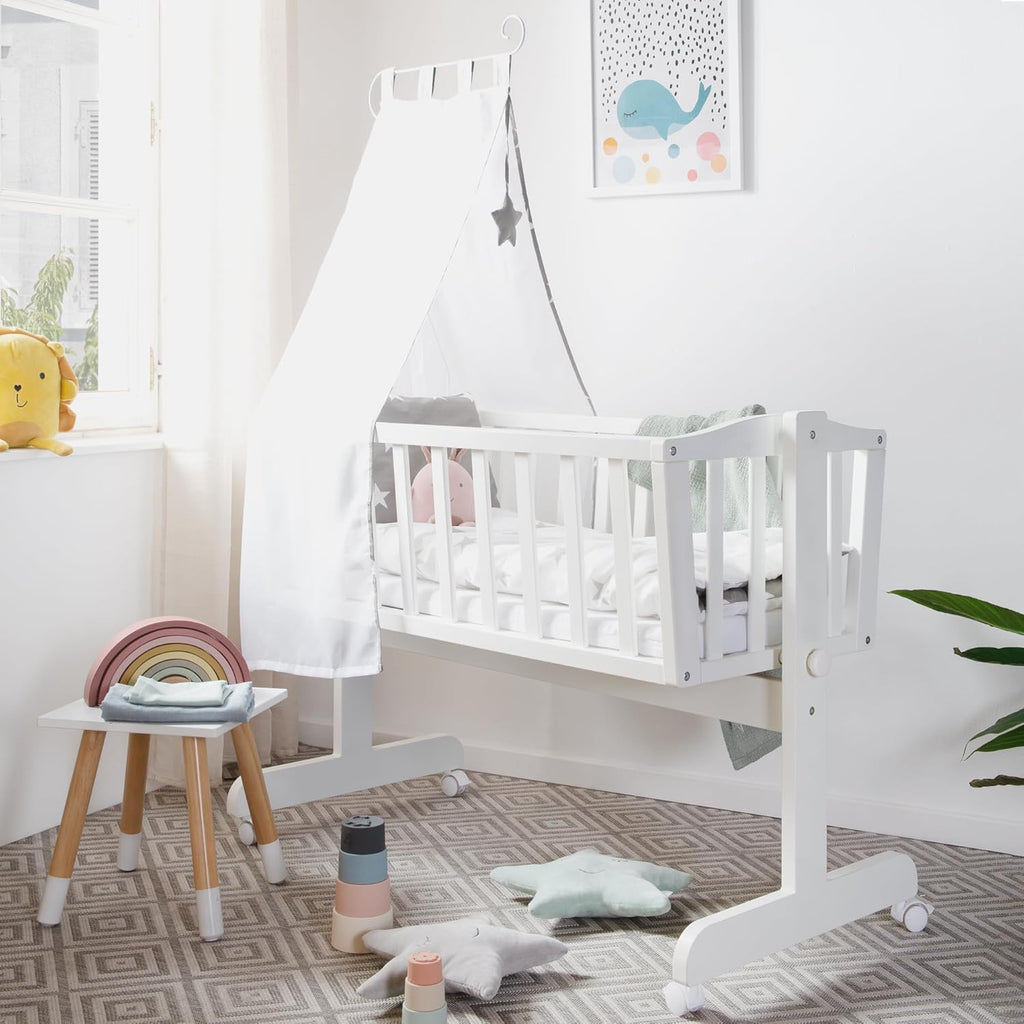 roba Babywiege 40 x 90 cm Adam & Eule - Stubenwagen & Wiege mit Rollen - Bett Set komplett mit Feststellfunktion - Inkl. textiler Ausstattung - Holz weiß