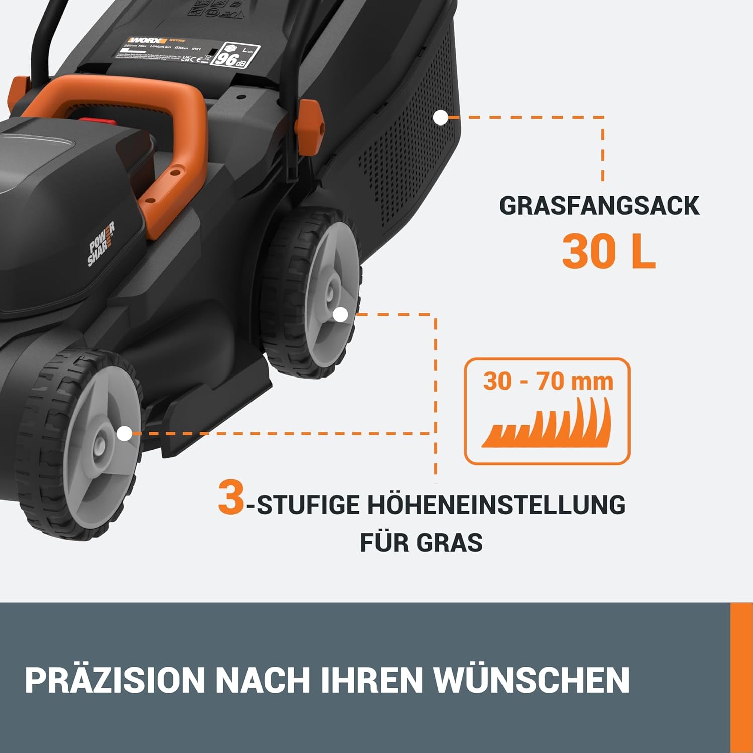 WORX WG730E Akku-Rasenmäher 20V - kraftvoller bürstenloser Motor - ideal für Gärten bis zu 200m² - 30cm Schnittbreite - Cut-to-Edge - 3 einstellbare Schnitthöhen - inkl. 4Ah Akku & Ladegerät