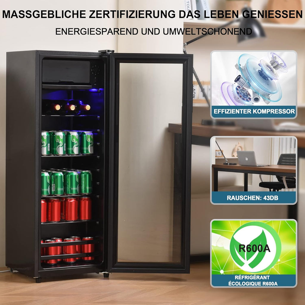 Frigorifero Merax 128L, Frigorifero da incasso per bevande con frigorifero da 120L + congelatore da 8L, con luce LED interna e ripiani regolabili, silenziosissimo per ristorante, bar, bevande e birra