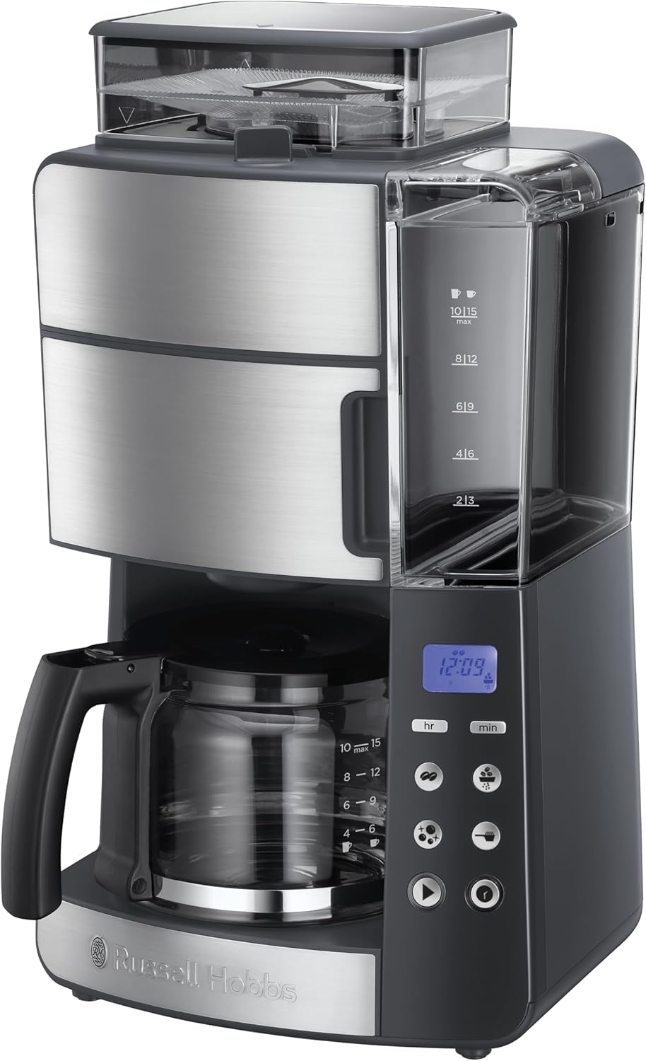 Russell Hobbs Macchina da caffè con macinacaffè integrato, caraffa in vetro [Timer digitale, Doccetta per un'estrazione e un aroma ottimali] Grind&Brew (max 10 tazze, macinatura regolabile in 3 fasi) 25610-56