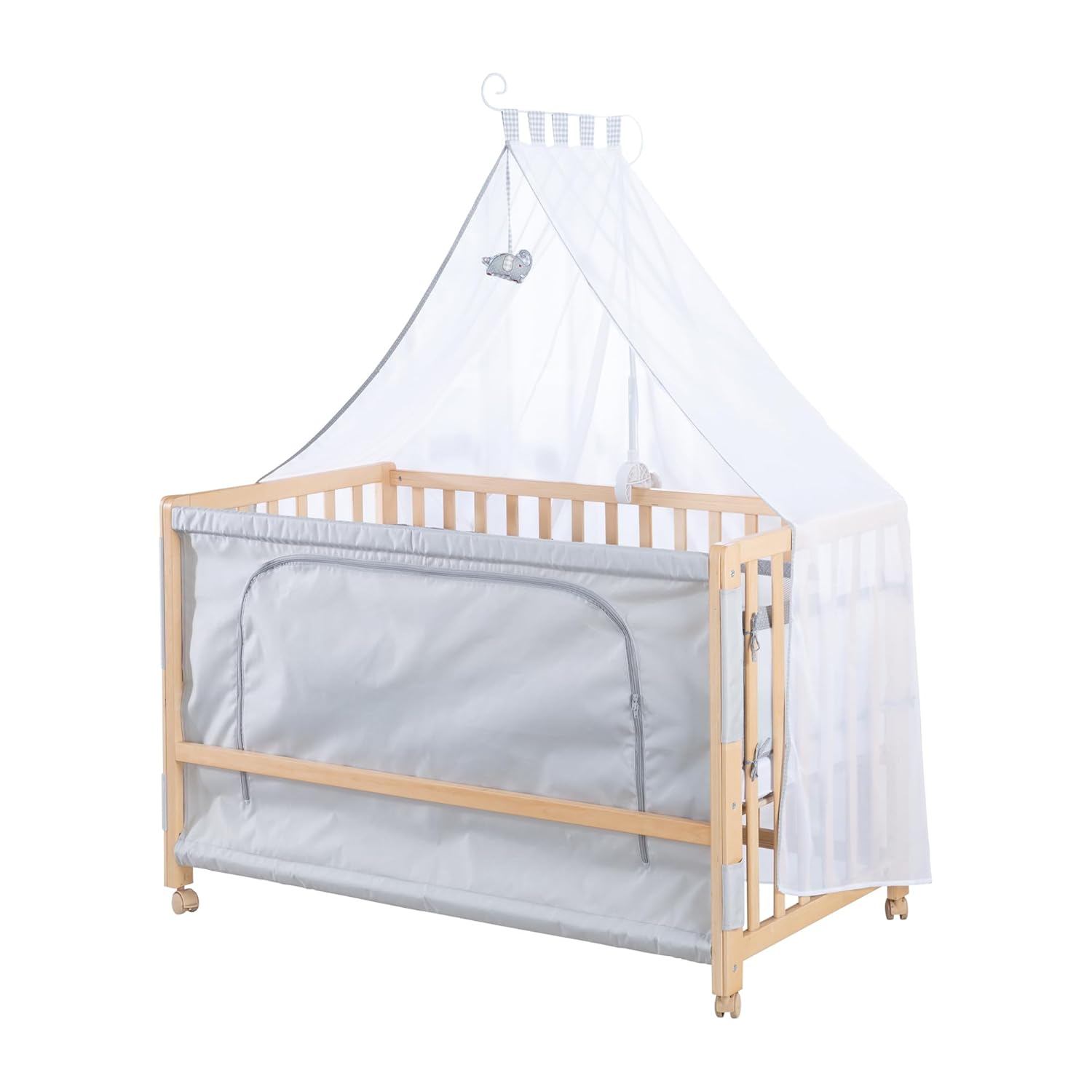 roba Beistellbett 60 x 120 cm - Adam & Eule Room Bed - Babybett zum Anstellen an Elternbett - Inklusive Matratze, Bettwäsche, Himmel - Mobil & Höhenverstellbar - Holz weiß