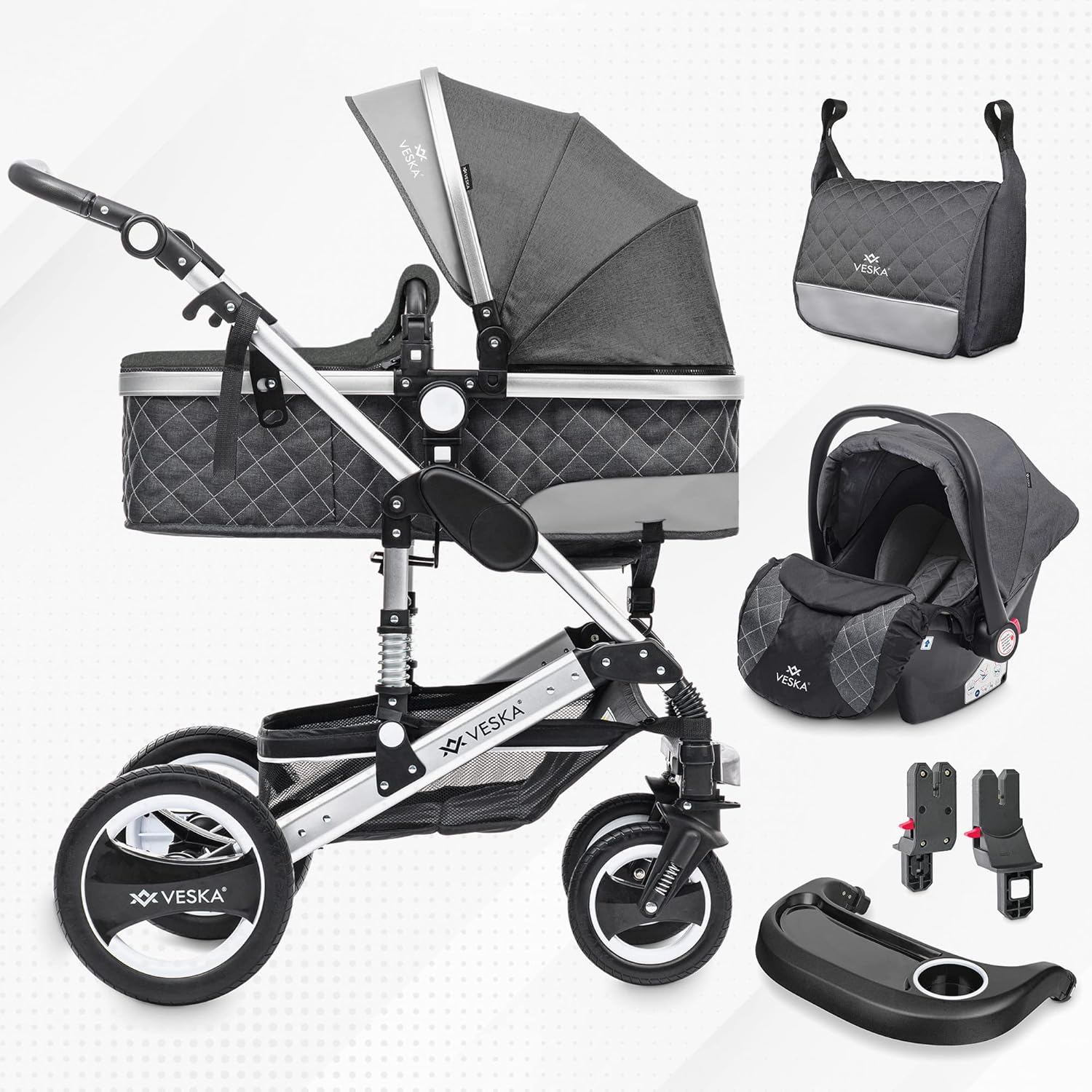 3 in 1 Kombi-Kinderwagen inkl. Babyschale, Buggy, Jogger mit Wickeltasche, Moskitonetz, Regencover, Spieltisch, Autoschale Fußsack, QuickFold, Aluminiumrahmen (Silber - anthrazit/grau)