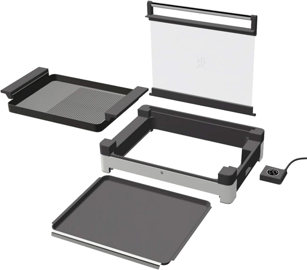WMF Lono Barbecue elettrico da tavolo con coperchio in vetro, piastra rivestita, vaschetta raccogli-grasso rimovibile, lavabile in lavastoviglie, acciaio inox opaco, 2200 Watt