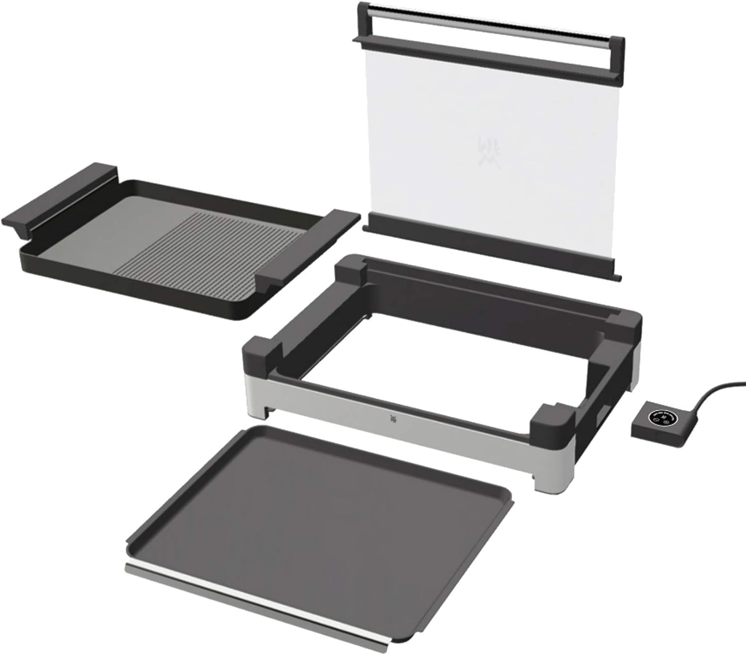 WMF Lono Barbecue elettrico da tavolo con coperchio in vetro, piastra rivestita, vaschetta raccogli-grasso rimovibile, lavabile in lavastoviglie, acciaio inox opaco, 2200 Watt
