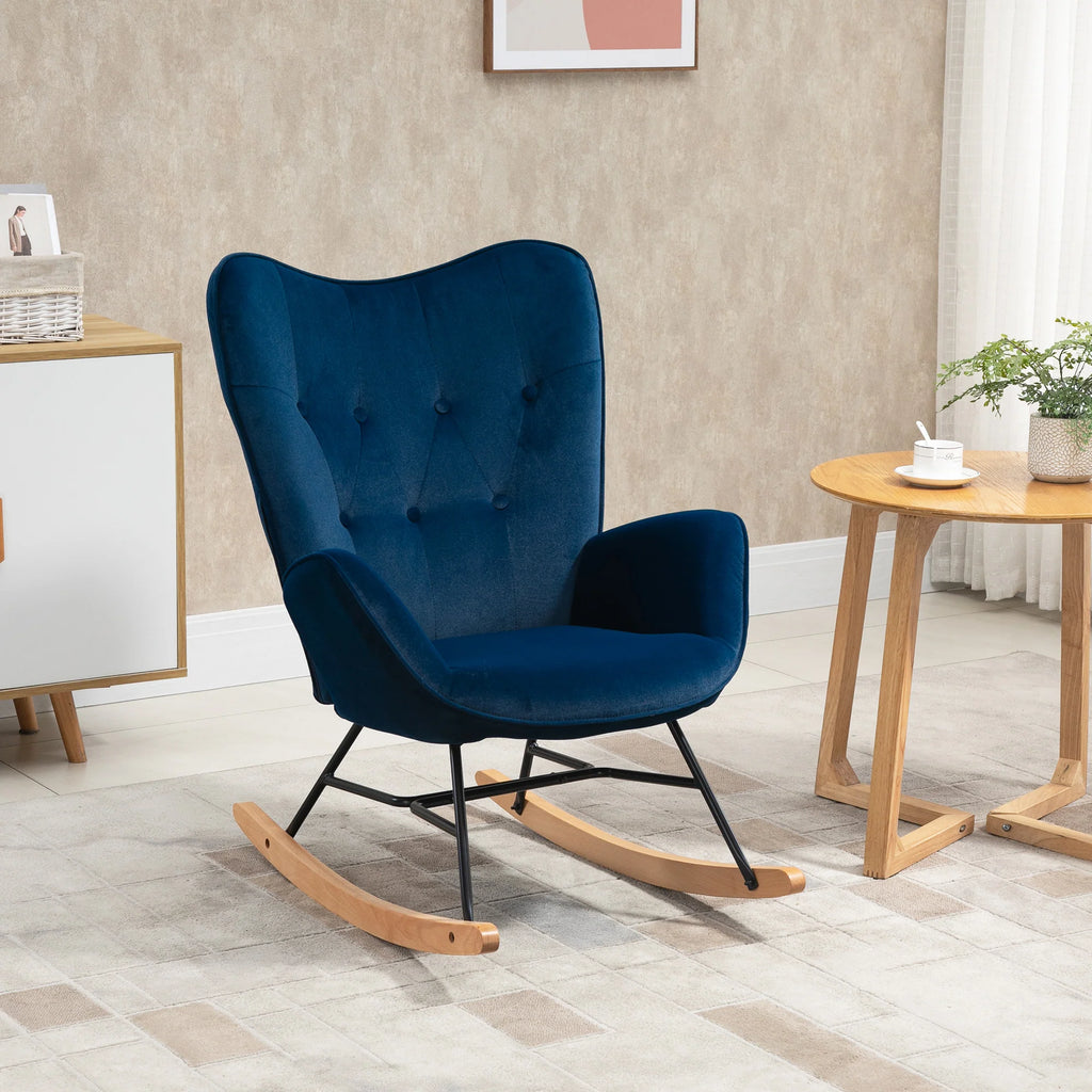 HOMCOM Sedia a Dondolo Scandinava Schienale Alto Effetto Velluto Blu