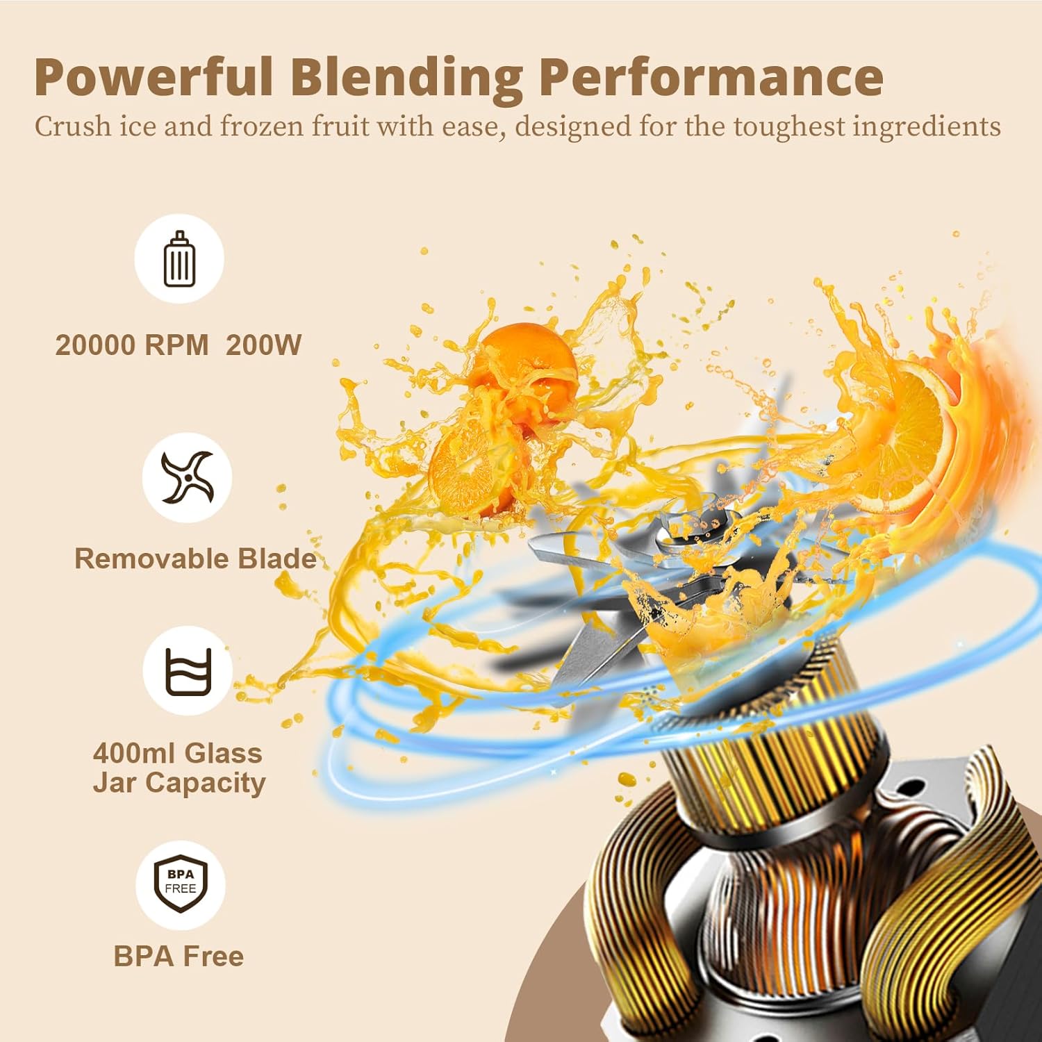 OTE Tragbarer Persnlicher Standmixer, Glasmixer Juicer, Edelstahlgehuse und 400 ml dickes Borosilikatglas-Design Standmixer Mini Blender, 20.000 U/min, Geeignet für Sfte, Reisen, BPA-Free, Wei