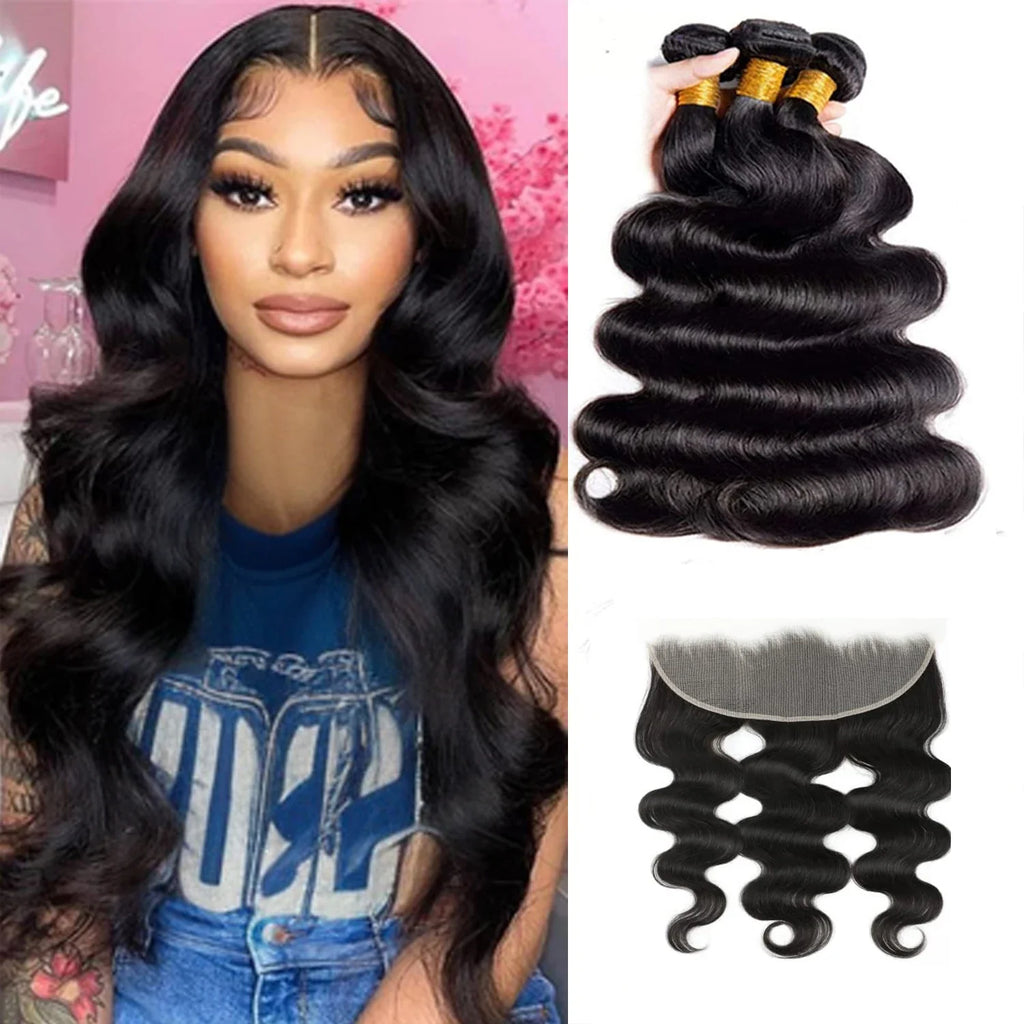 LavishBeauty Extension Capelli Brasiliani Body Wave Verigini con Frontale in Pizzo HD 13x4