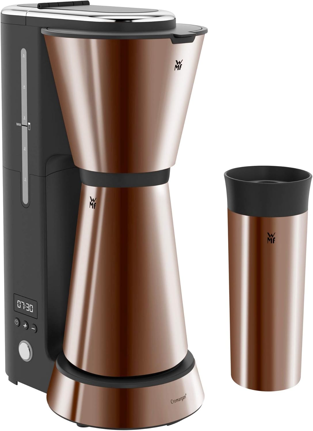 WMF Küchenminis Aroma Filterkaffeemaschine, 870 Watt, cromargan matt & Küchenminis 1-Scheiben Toaster Langschlitz XXl-Toast Brötchenaufsatz 7 Bräunungsstufen Überhitzungsschutz 600W Edelstahl matt