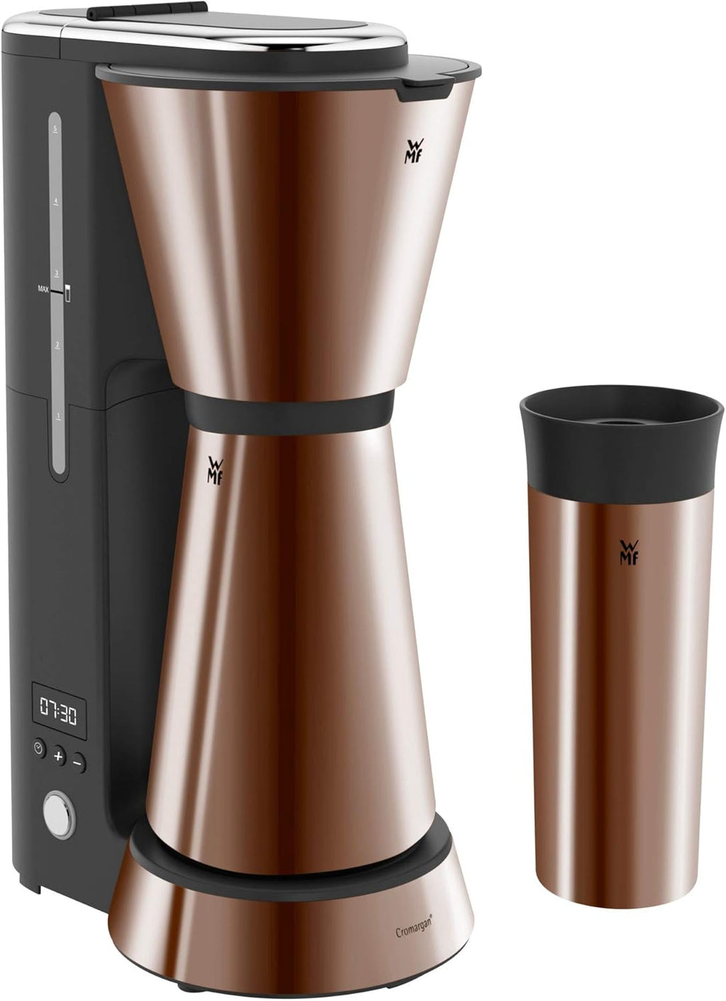 WMF Küchenminis Macchina da caffè con filtro Aroma, 870 Watt, Cromargan opaco e Tostapane 1 fetta a fessura lunga Küchenminis per Toast XXL, accessorio per panini, 7 livelli di doratura, protezione surriscaldamento 600W, Acciaio inox opaco