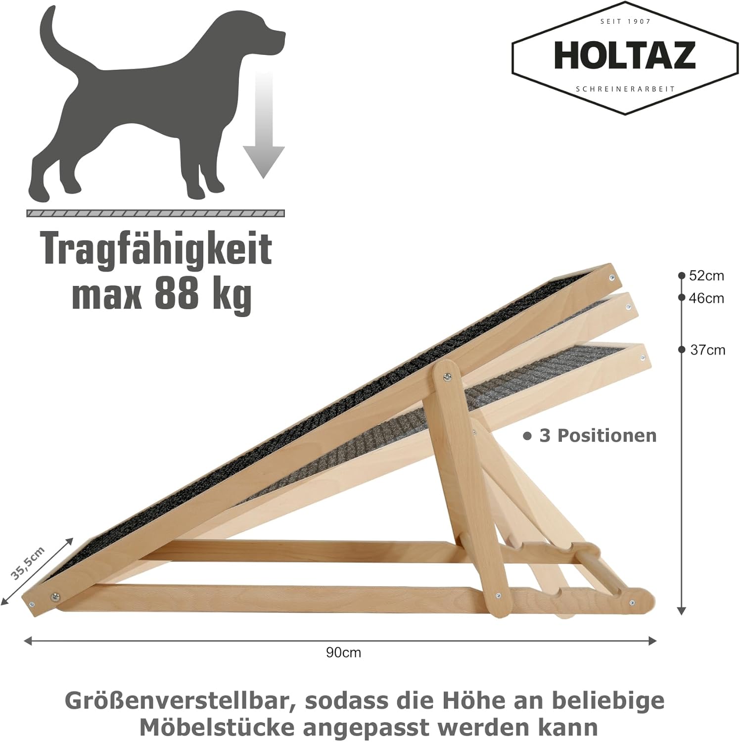 Holtaz Rampa per Cani Rampa per Gatti Scaletta per Cani per Letto o Divano Pieghevole in Legno Petwalk Scala per Cani Rampa di Carico per Animali Domestici con Inserto Antiscivolo Naturale