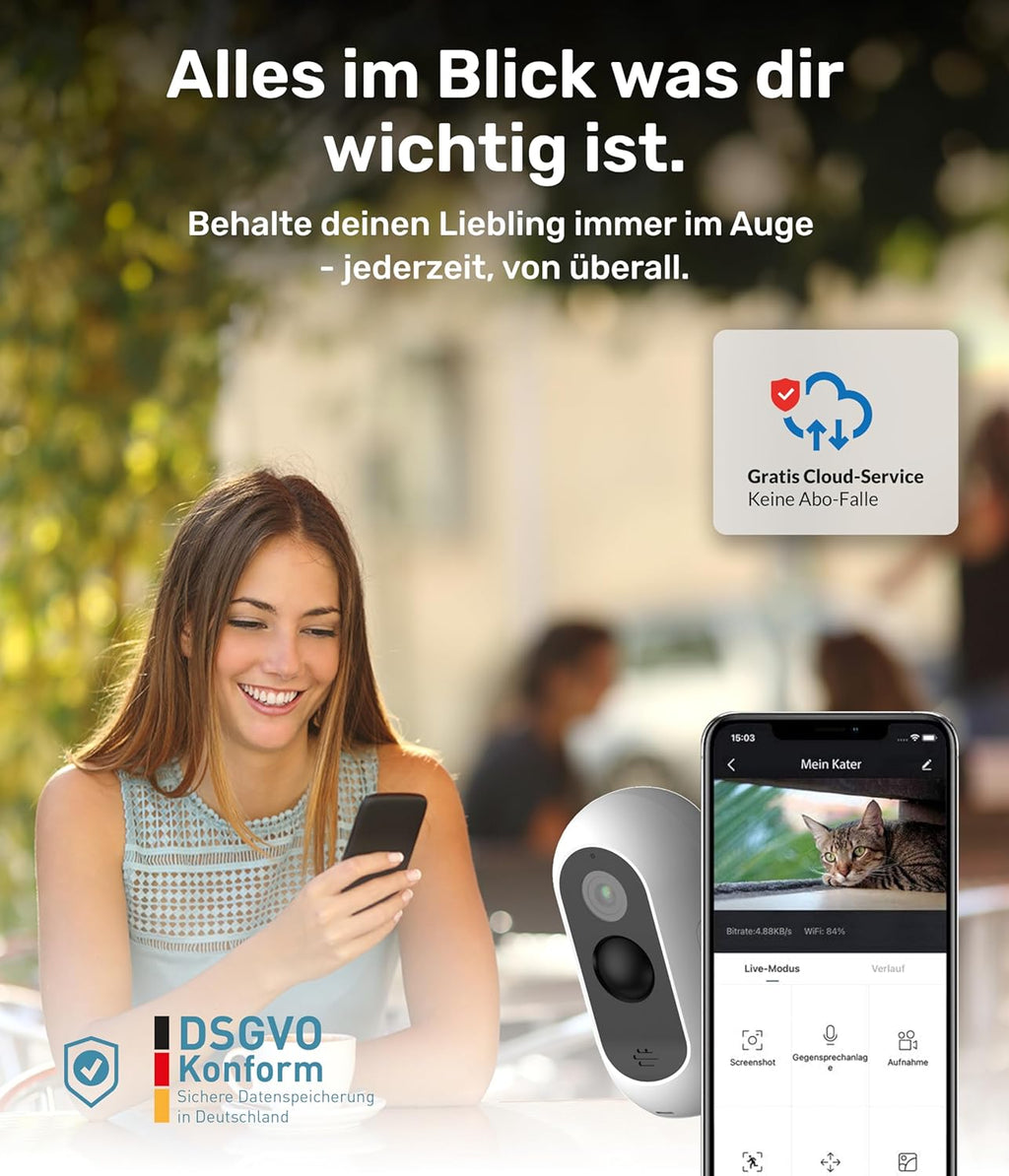 PetTec – Pet Cam Buddy Haustierkamera Futterautomat 8L für Katzen- & Hunde-Trockenfutter – Automatischer Futterspender mit WLAN & App-Steuerung -Inkl. 2-Wege-Audio, Bellerkennung & Nachtsicht