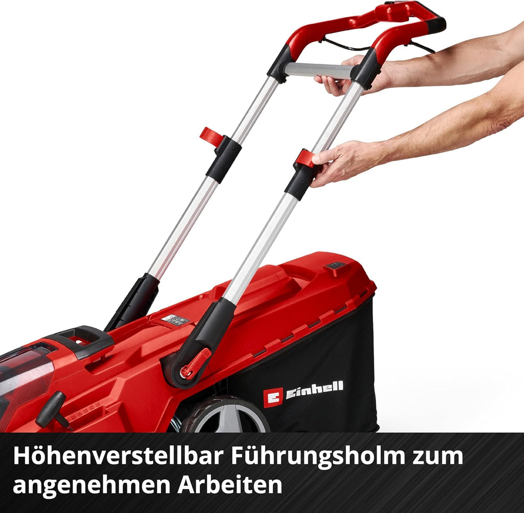 Einhell Rasaerba a batteria RASARRO 36/38 Kit Power X-Change (36 V, 38 cm larghezza taglio, 450 m, senza spazzole, funzione mulching, sacco di raccolta 45L, incl. 2 batterie da 4,0 Ah + caricatore doppio)