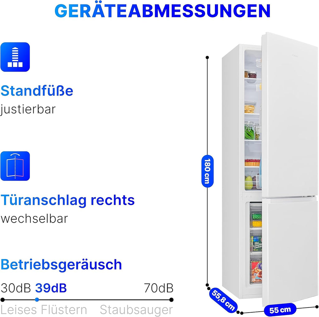 Combinazione frigo-congelatore Bomann®, capacità netta 269 L - Frigorifero: 198 L | Congelatore: 71 L, a risparmio energetico, silenzioso 39 dB, LED, porta reversibile, Altezza: 180 x Larghezza: 55 x Profondità: 55,8 cm - KG 184.1 bianco