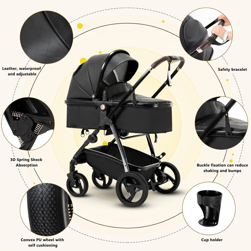 Gcarebb Passeggino 3 in 1, Buggy con Ovetto, Set Completo Passeggino Regolabile in Altezza, Passeggino Combinato con Telaio in Alluminio per Neonati 0-4 Anni