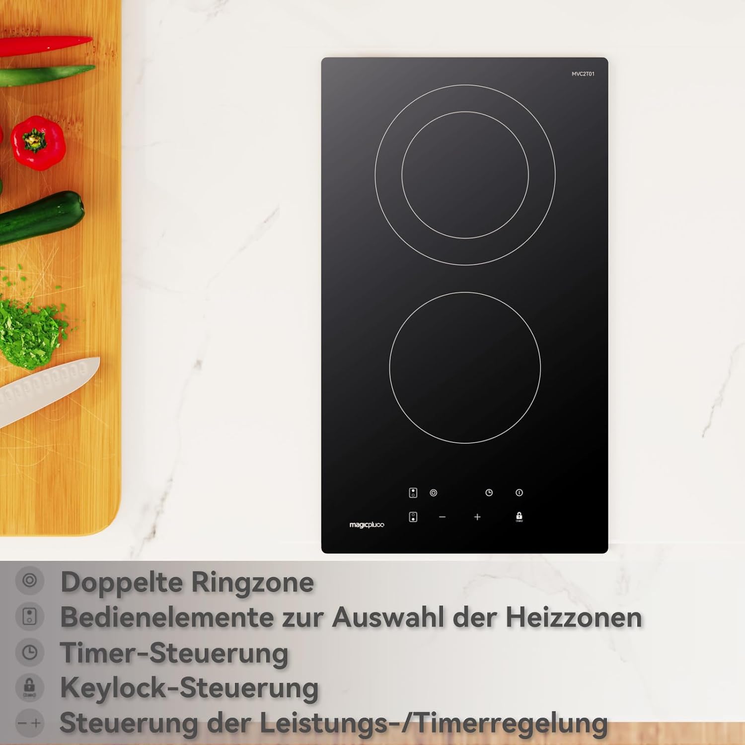 Piano cottura a induzione magicplux 60 cm, 4 zone di cottura a induzione con due zone flessibili, 9 livelli di potenza e funzione booster, timer 1-99 minuti, 7200 W
