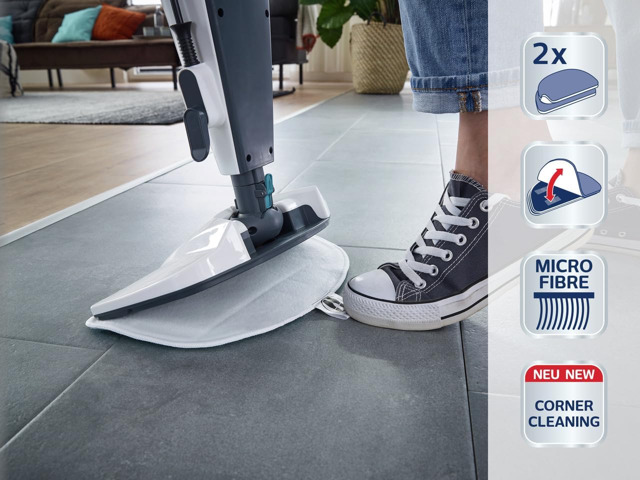 Leifheit Pulitore a vapore CleanTenso Power 2.0 con vapore caldo contro i batteri, Mop a vapore con tempi di riscaldamento brevi e 50 minuti di autonomia, Scopa a vapore per la pulizia degli angoli, Spazzola a vapore dal design moderno