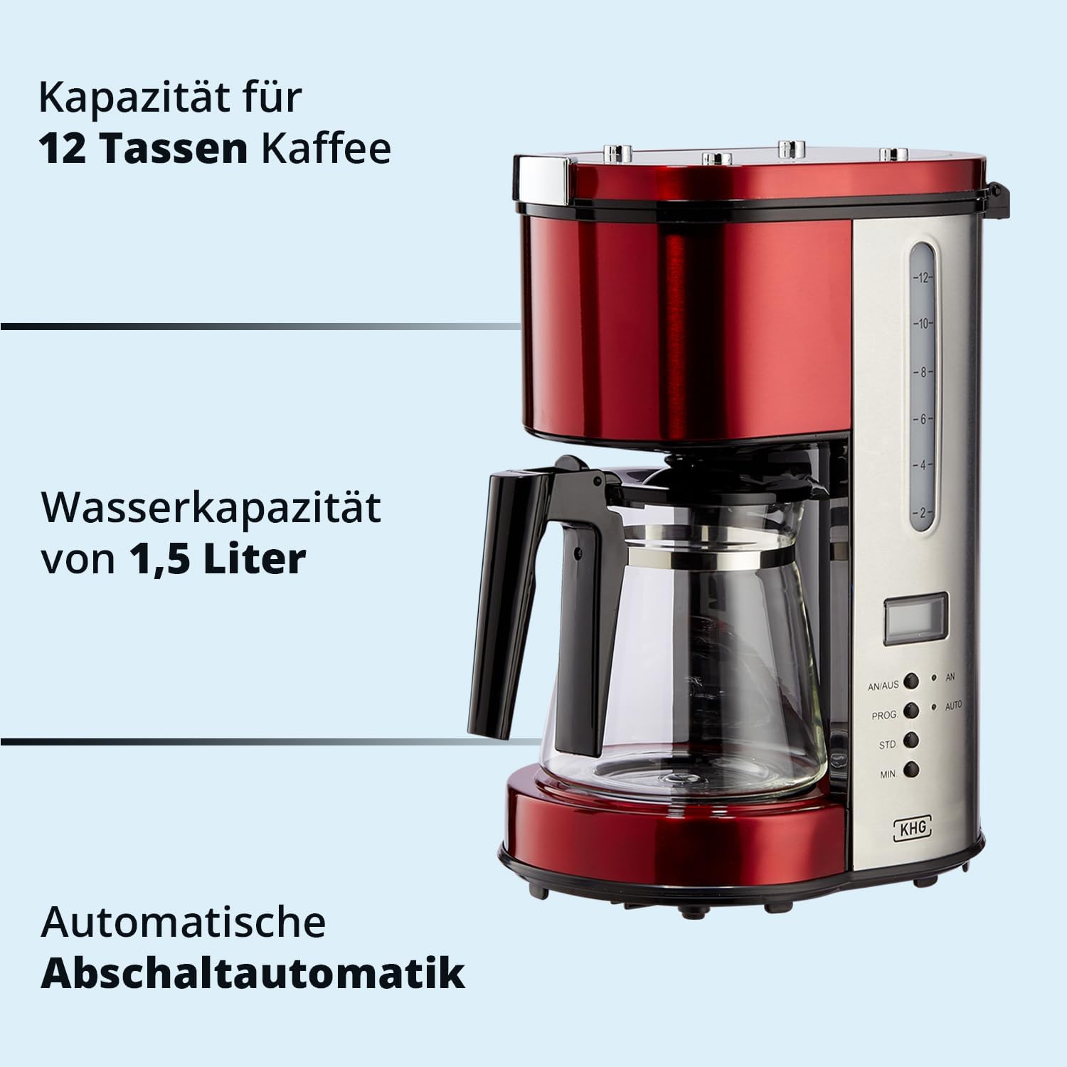 KHG Frühstücksset Wasserkocher, Toaster & Kaffeemaschine in Rot, Edelstahl Metallic Chrom, 1,7l Kapazität, 2 Toast Scheiben & 12 Tassen Kaffee, Kontrollleuchten, Wasserstandsanzeigen, Permanentfilter