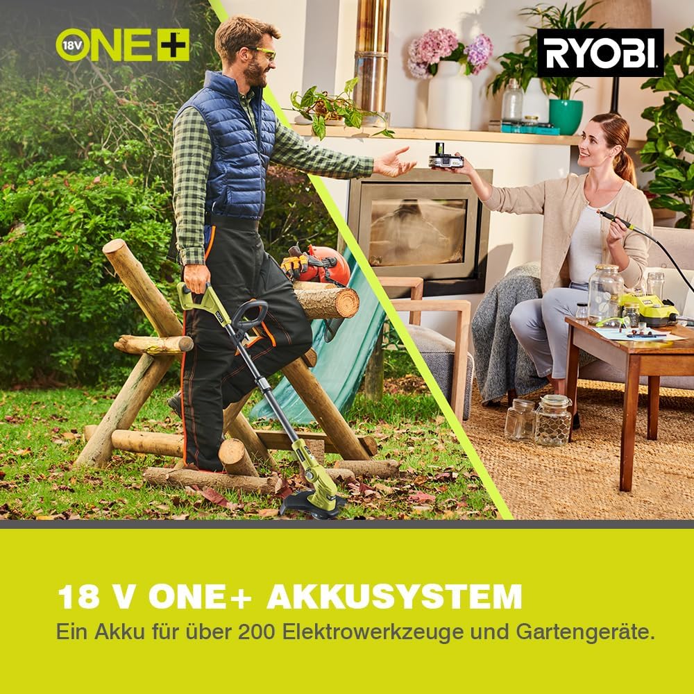 RYOBI 18 V ONE+ Akku-Rasentrimmer mit Radführung RY18LT33A-0 (33 cm Kantenschneidefunktion mit Fußsteuerung, Ø Fadenspule 1 x 1,65 mm, ohne Akku und Ladegerät)