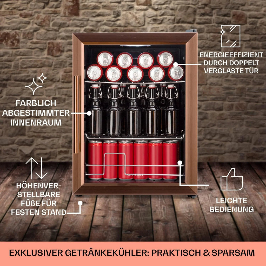 Klarstein Mini Kühlschrank mit Glastür für Zimmer, Getrnkekühlschrank mit Verstellbaren Ablagen, Kleiner 80 Liter, Indoor/Outdoor Kühlschrank Leise