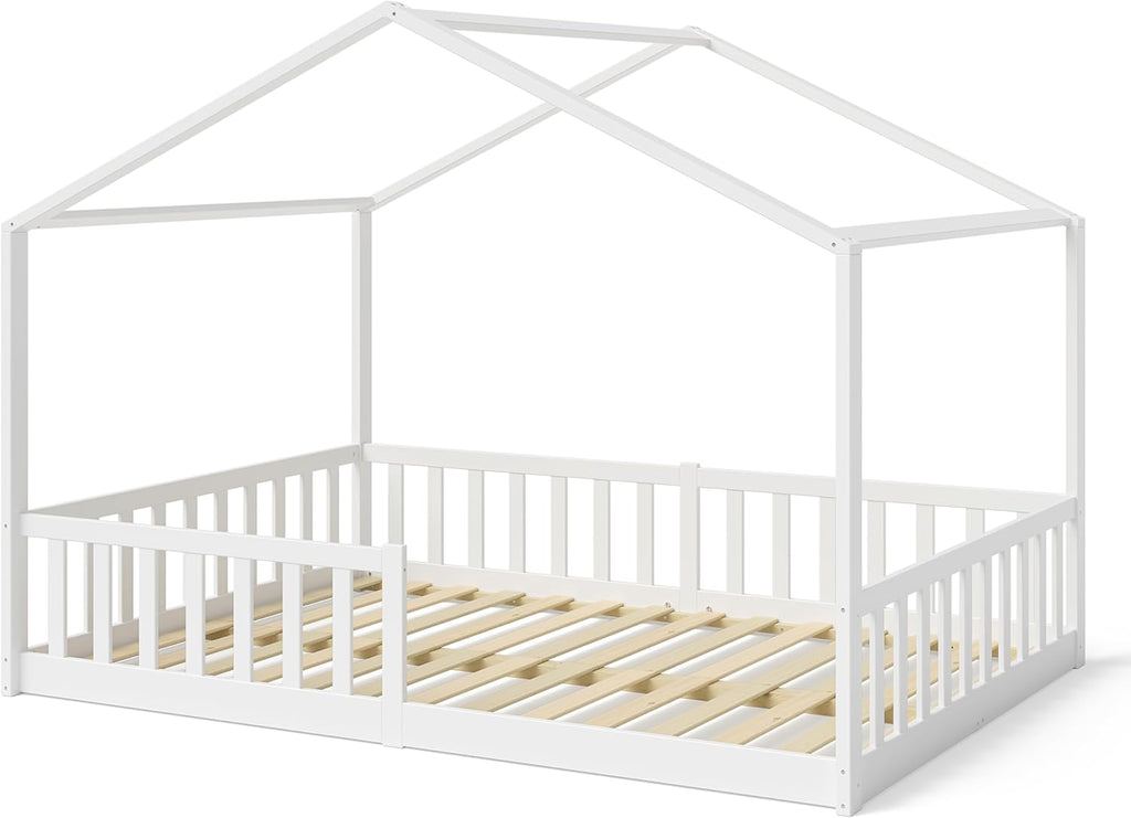 Bellabino Lettino per bambini Bia 140x200 cm, letto a capanna per bambini con protezione anticaduta e rete a doghe arrotolabile, letto a terra Montessori bianco in legno massello di pino
