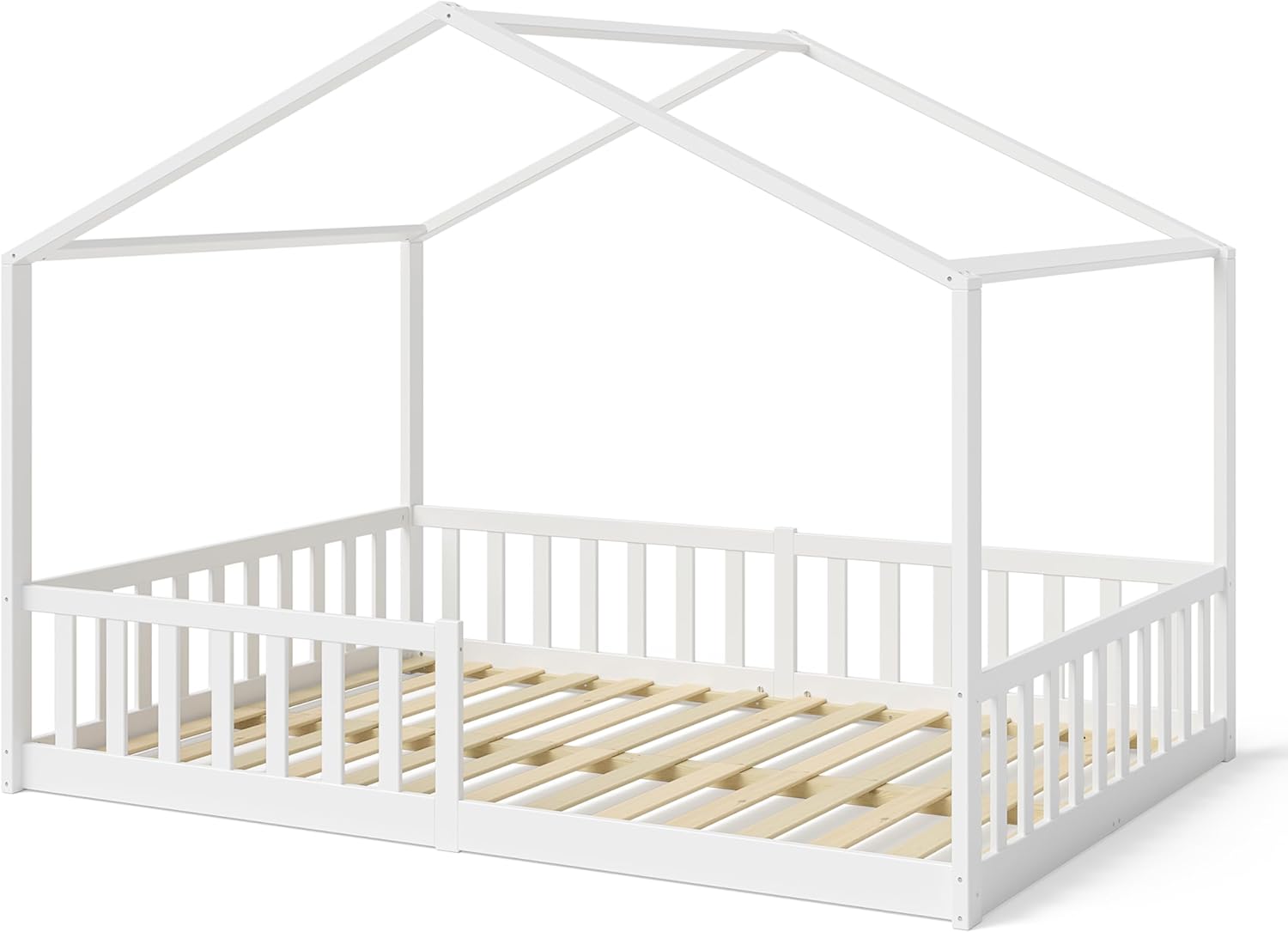 Bellabino Lettino per bambini Bia 140x200 cm, letto a capanna per bambini con protezione anticaduta e rete a doghe arrotolabile, letto a terra Montessori bianco in legno massello di pino
