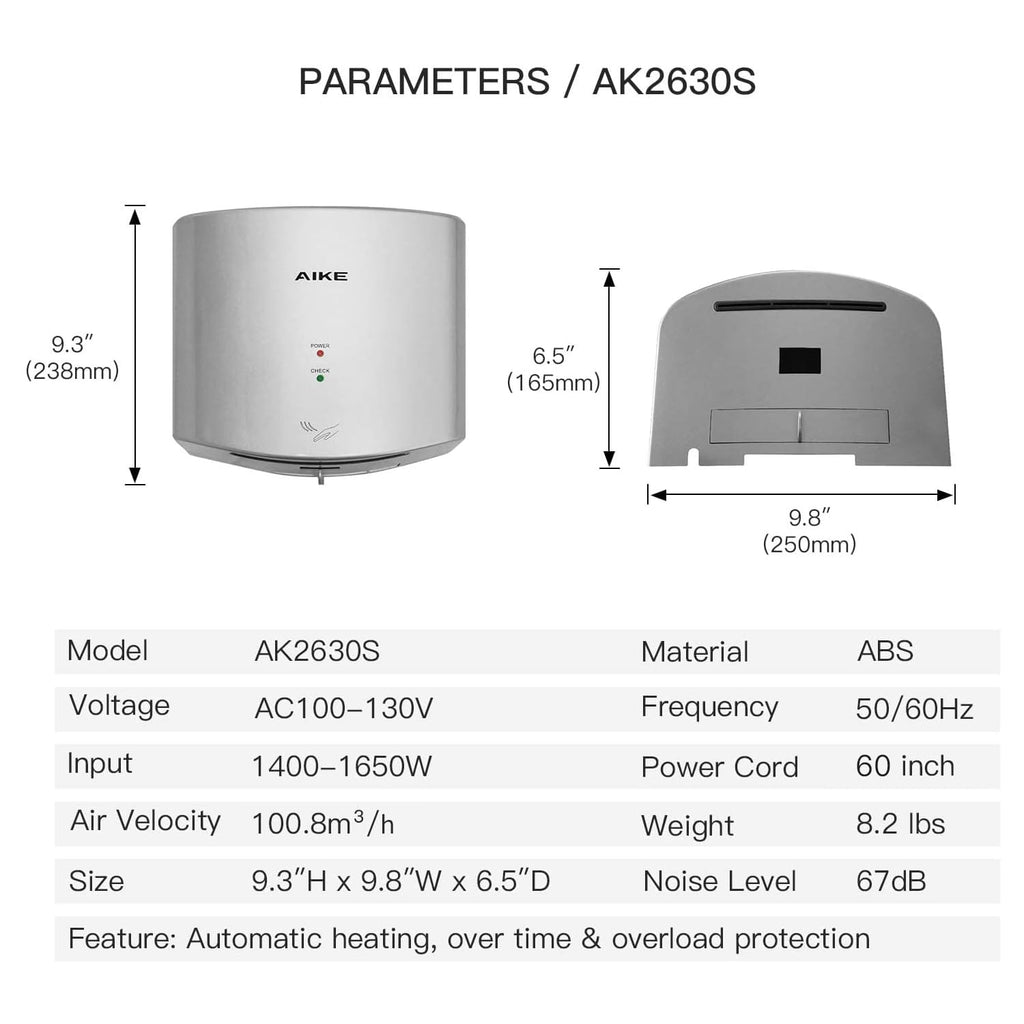AIKE Hndetrockner 10 Sekunden Trocknen Energiesparend Kommerziell Elektrischer Hndetrockner Automatisch für Küche Badezimmer Toilette AK2630S 220V 1400W Silber