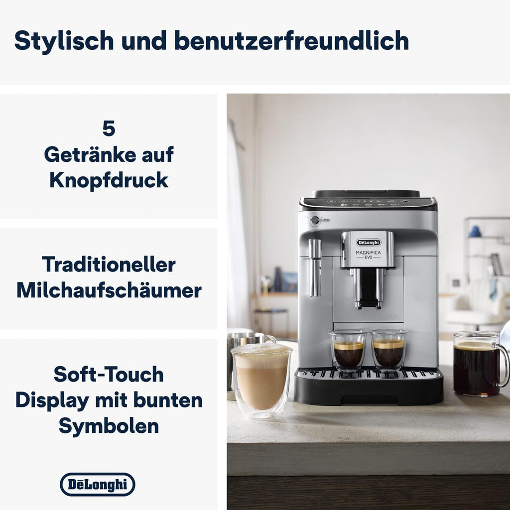 De'Longhi Magnifica Evo ECAM 292.33.SB Macchina da caffè automatica con lancia vapore, 5 pulsanti diretti per espresso, caffè e specialità di caffè, pannello di controllo intuitivo, funzione 2 tazze, argento/nero