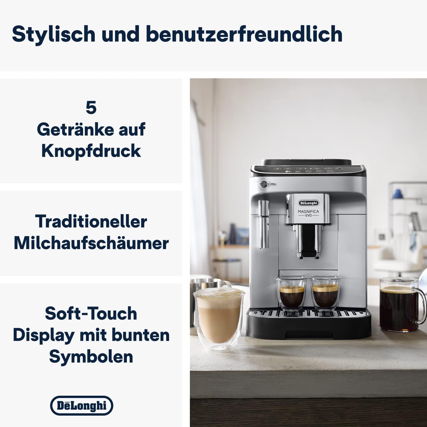 De'Longhi Magnifica Evo ECAM 292.33.SB Macchina da caffè automatica con lancia vapore, 5 pulsanti diretti per espresso, caffè e specialità di caffè, pannello di controllo intuitivo, funzione 2 tazze, argento/nero
