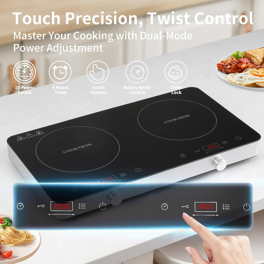COOKTRON piano cottura a induzione a 2 fuochi, doppio piano cottura a induzione 3500W, 10 livelli di temperatura, 9 livelli di potenza, funzione Booster, timer di 4 ore, controllo touch, Nero