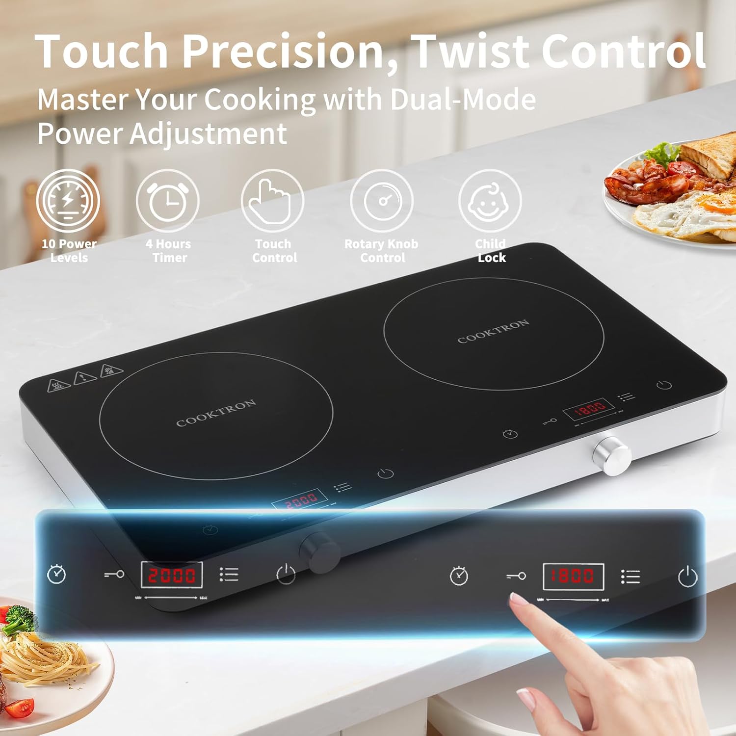 COOKTRON piano cottura a induzione a 2 fuochi, doppio piano cottura a induzione 3500W, 10 livelli di temperatura, 9 livelli di potenza, funzione Booster, timer di 4 ore, controllo touch, Nero