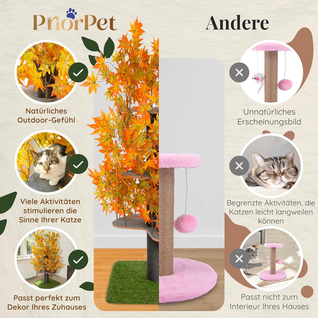 Tiragraffi albero naturale per arrampicarsi, nascondersi e dormire - grande con foglie intercambiabili - a più livelli, facile da montare - materiali sicuri per animali domestici, durevole e robusto albero per gatti brevettato