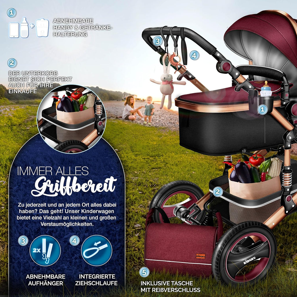 KIDUKU® Set completo passeggino 3 in 1 | Set passeggino combinato con navicella e sedile sportivo passeggino e seggiolino auto ovetto sacco a pelo | Ruote in gomma piena borsa per il cambio scaldamani parapioggia tavolino ECE R129