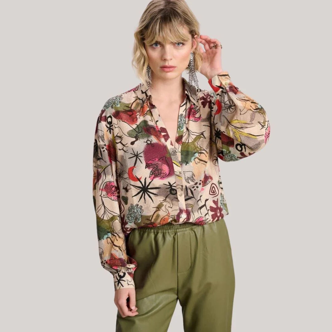 Lozenda - Blusa bohémien fluida con motivo floreale autunnale