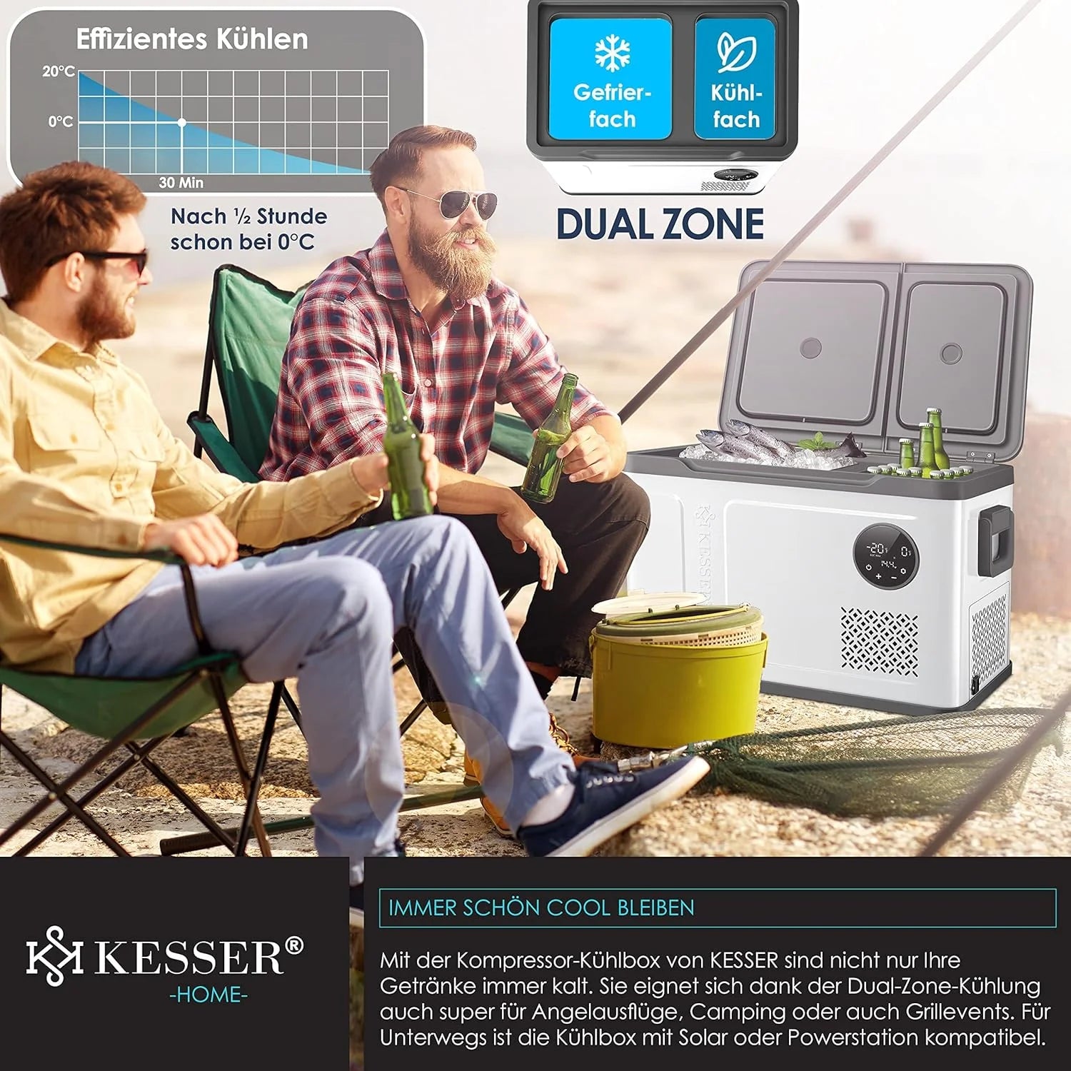 KESSER® Frigorifero portatile a compressore 2in1 doppia zona frigo e congelatore, congelatore elettrico con 2 accumuli di freddo e controllo touch LED | Refrigerazione fino a -20 °C per campeggio, auto, camion 12/24V 230V