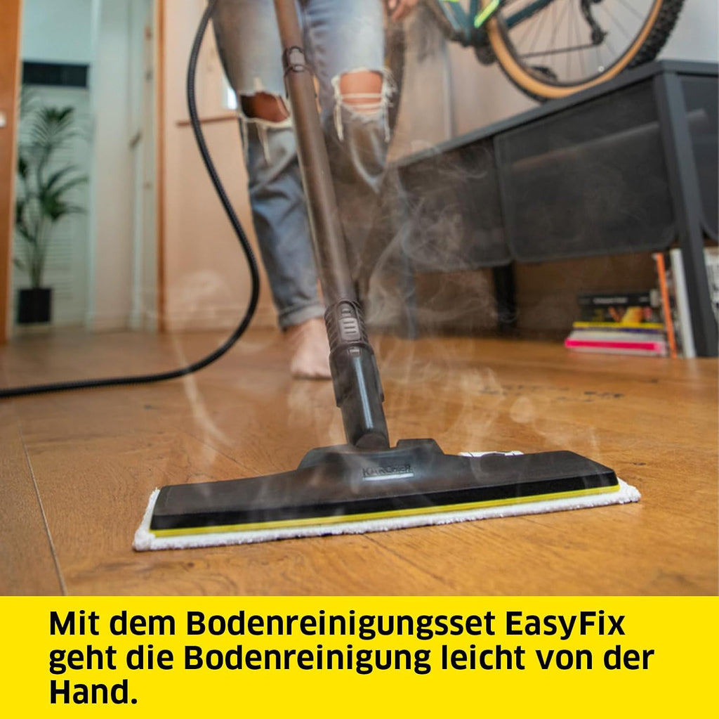 Kärcher Pulitore a vapore SC 2 EasyFix, pressione vapore: 3,2 bar, tempo di riscaldamento: 6,5 min., potenza: 1.500 W, copertura: 75 m², serbatoio: 1 l, con set per la pulizia del pavimento EasyFix, ugelli e panno in microfibra, bianco