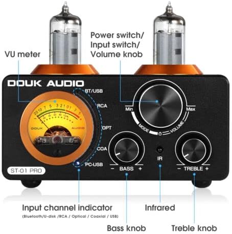 Douk Audio ST-01 PRO Amplificatore HiFi, Mini Amplificatore a Valvole da 200W con Bluetooth 5.0, VU Meter, Ingresso USB DAC Coassiale/Ottico (ST-01PRO)