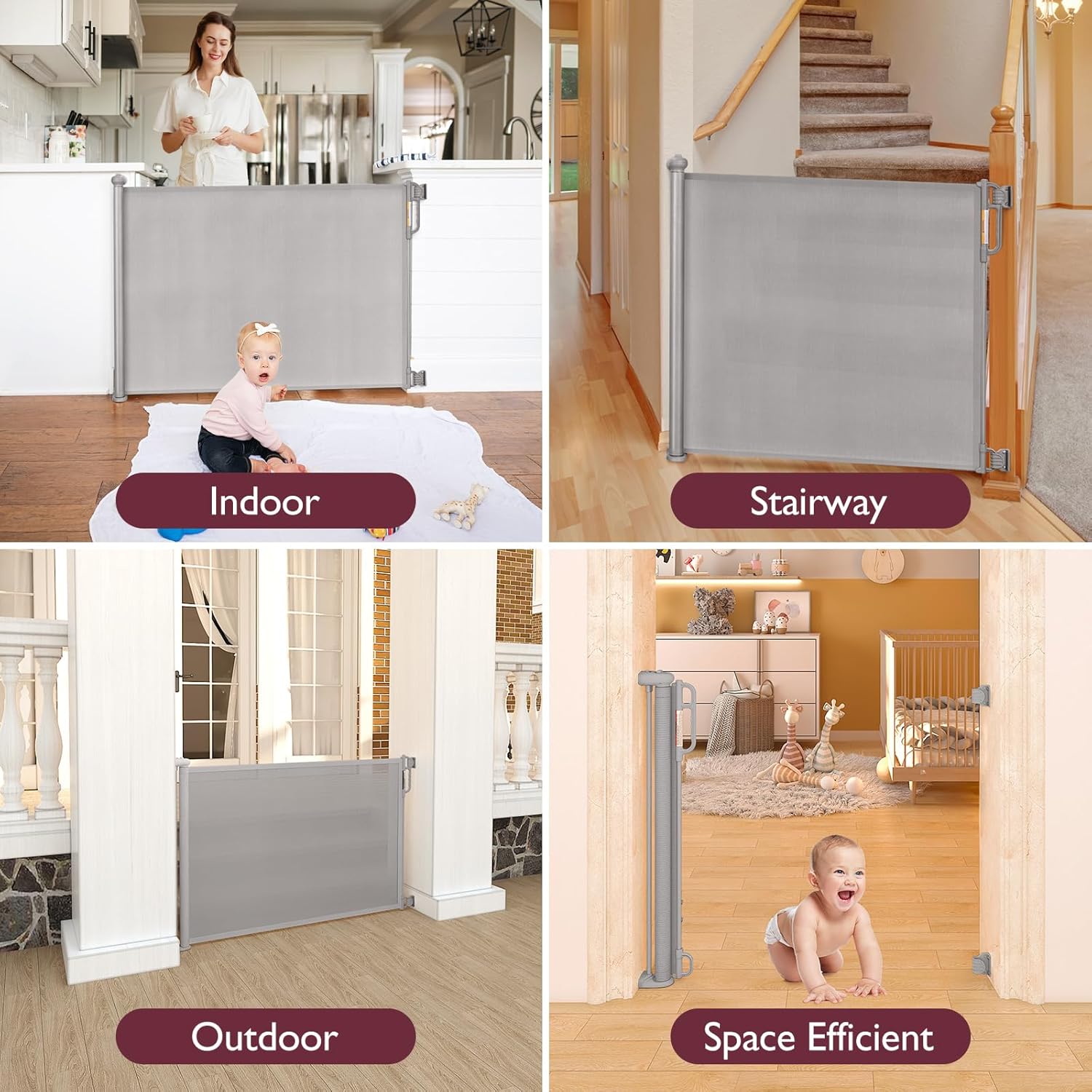 Momcozy Barriera di Sicurezza Retrattile per Bambini (Aggiornata), 0-140 cm, Altezza 83 cm, Cancello di Sicurezza Avvolgibile, Azionabile con Una Sola Mano, Adatta per Scale/Porte/Interno ed Esterno, Grigio