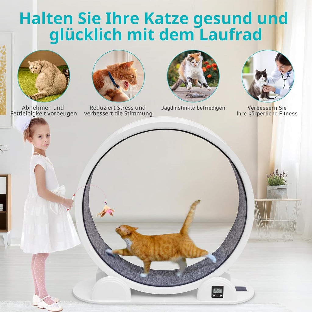 FASNATI 104cm Katzenlaufrad mit Schrittzähler, Geräuschfreies bis 25kg, Katzen Laufrad XXL mit Austauschbarer Teppichlaufbahn, Katzenrad Leise, Laufrad für Große Katzen